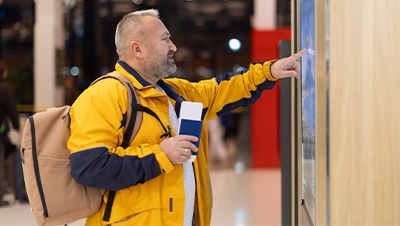 man using airport kiosk with passport in hand