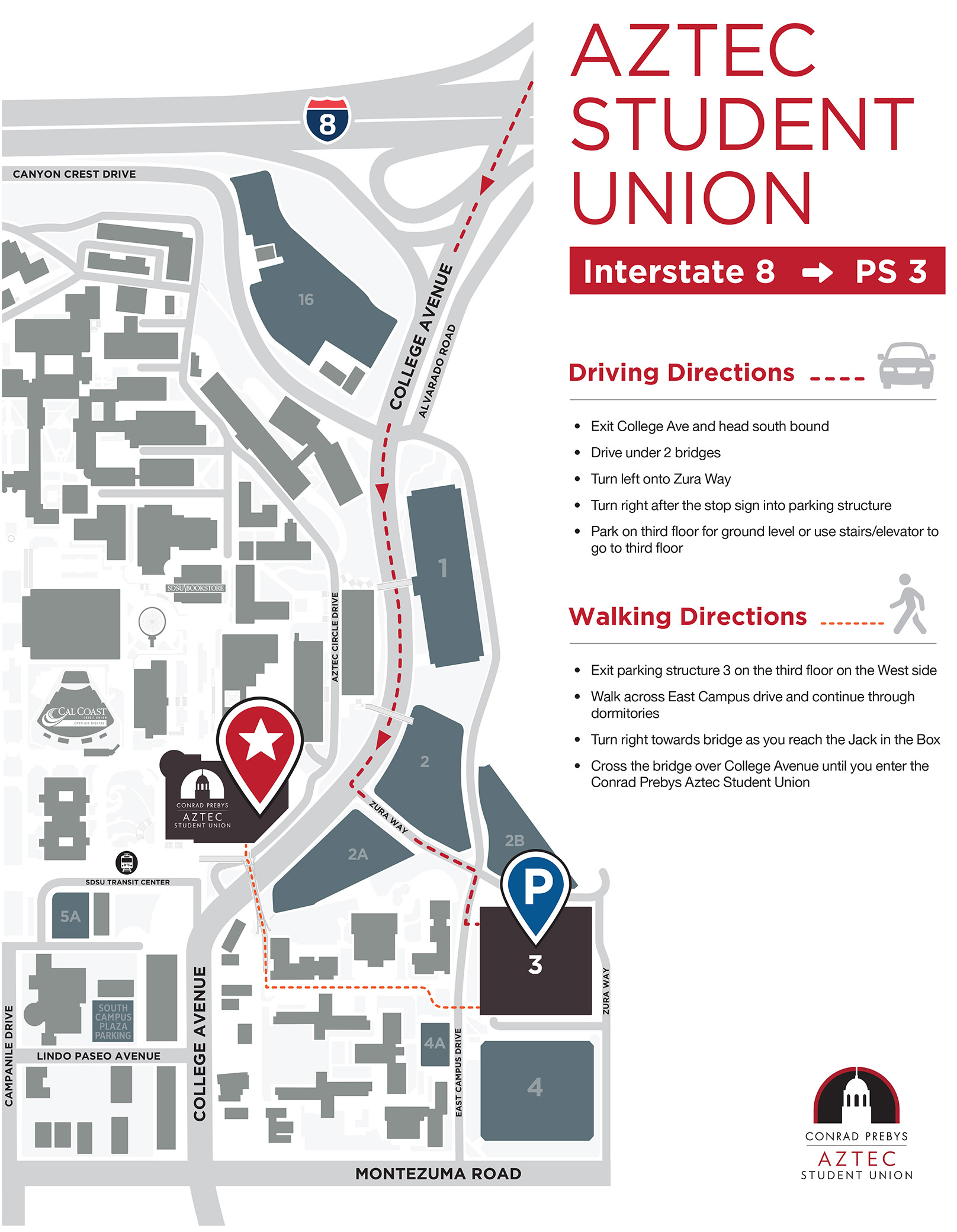 Map of san diego state campus outlining walking and driving directions to the student union from interstate 8