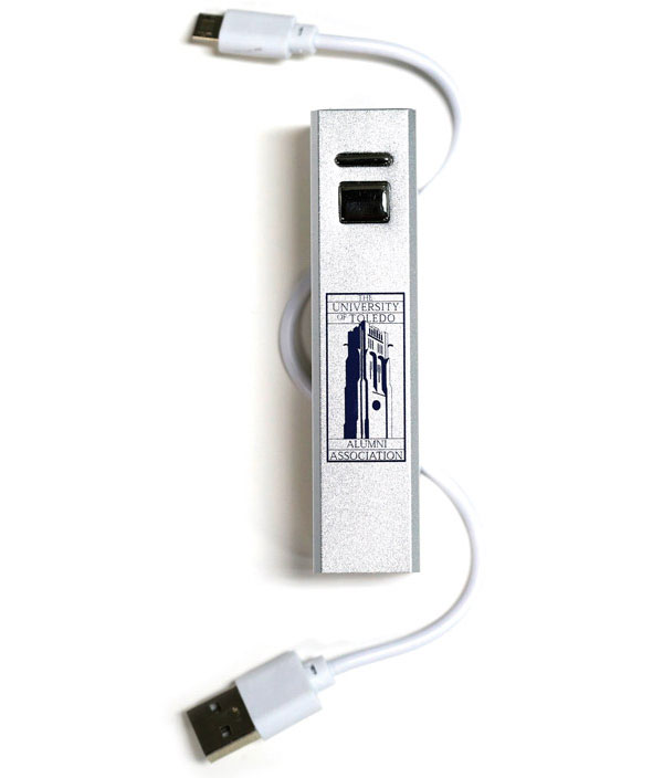 Mobile phone charger with the UT Alumni Association logo
